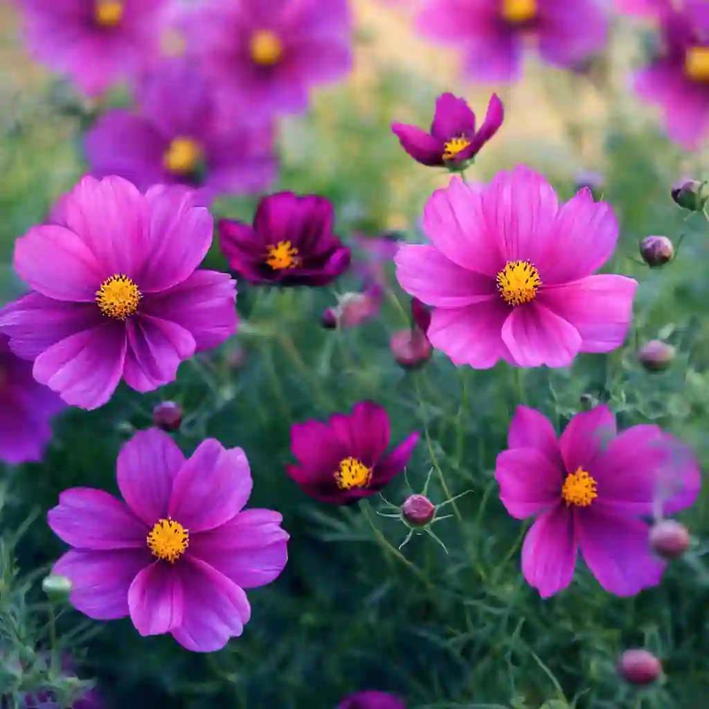 Bi-colored Cosmos blooms glowing in sunset light, showcasing their delicate petals and vibrant yellow centers—perfect for pollinator gardens.