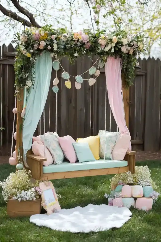 10+ Easter-Themed Kids Backyard Ideas for Springtime Play 9. Storybook-Inspired Easter Swing 🌸🪢