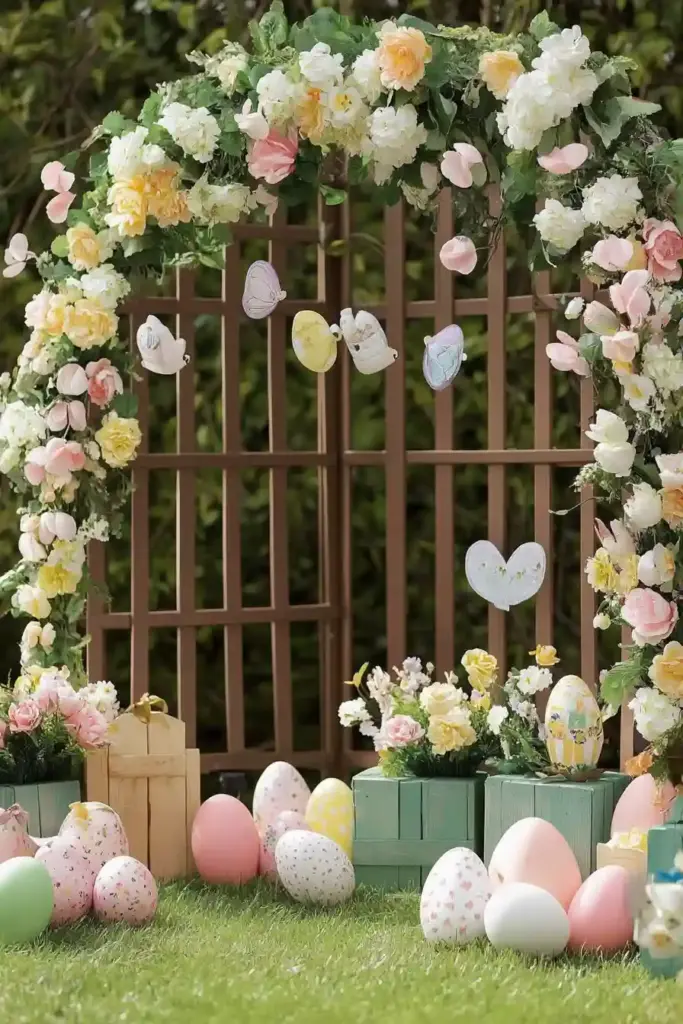 10+ Easter-Themed Kids Backyard Ideas for Springtime Play 10. Floral Easter Archway & Photo Spot 🌷📸