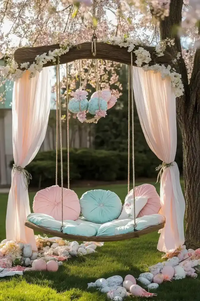 10+ Easter-Themed Kids Backyard Ideas for Springtime Play 9. Storybook-Inspired Easter Swing 🌸🪢
