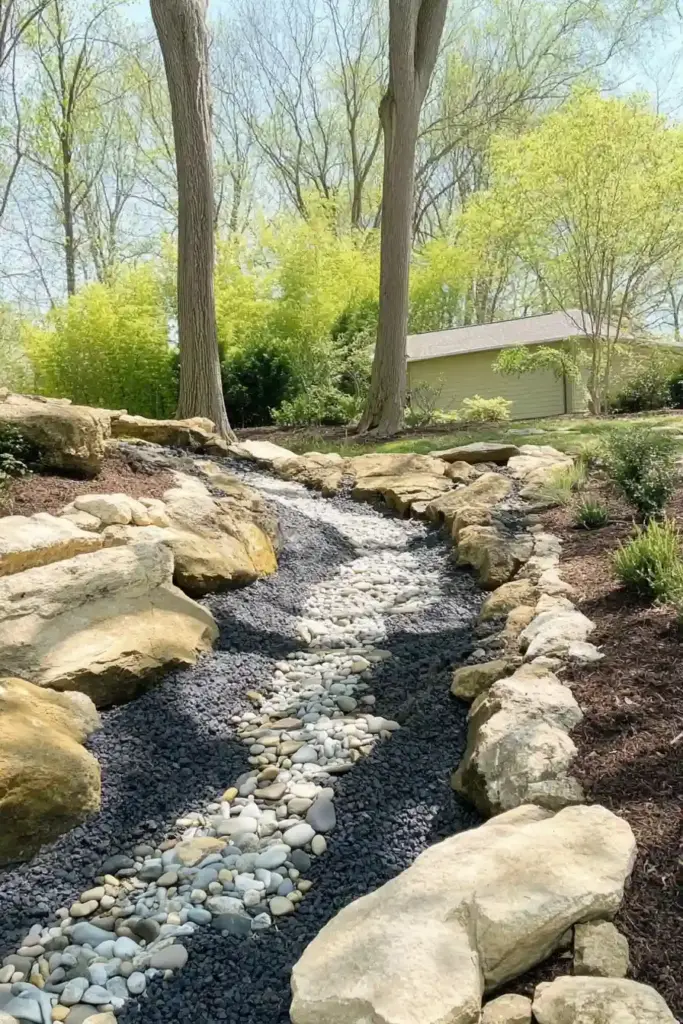10 River Rock Front Yard Landscaping Ideas That Boost Curb Appeal 4. Install a Dry Creek Bed for Drainage and Style