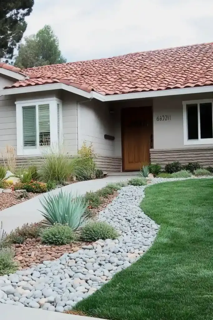 10 River Rock Front Yard Landscaping Ideas That Boost Curb Appeal 1. Create a River Rock Walkway with Flower Bed Accents
