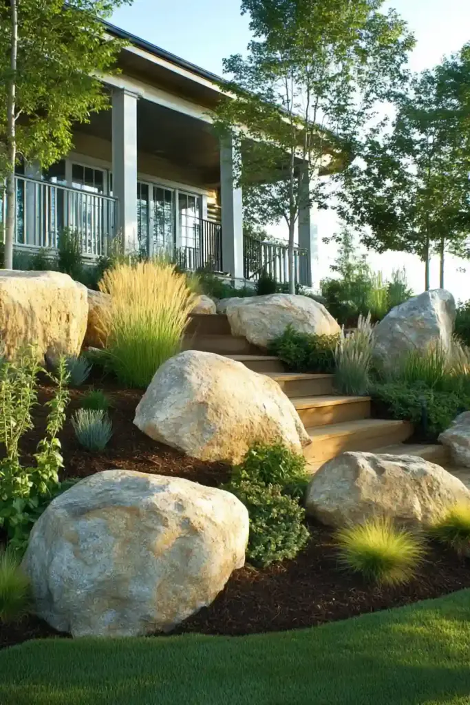 10 River Rock Front Yard Landscaping Ideas That Boost Curb Appeal 8. Use Large Boulders as Statement Pieces