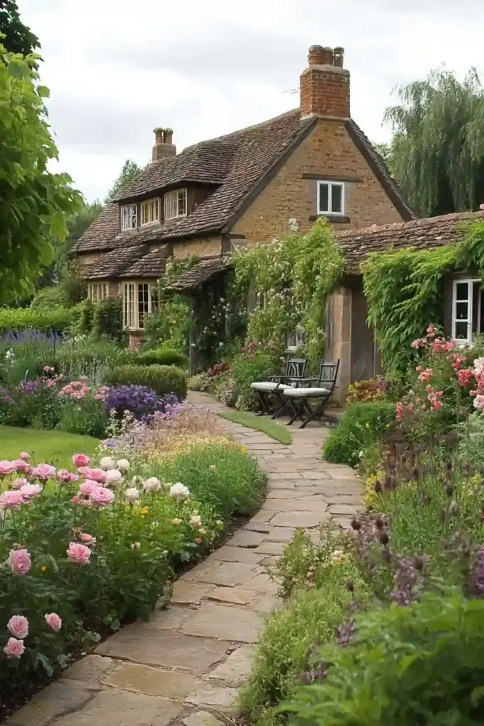 đ¸ 11 Beautiful Cut Flower Garden Ideas to Brighten Your Outdoor Space Classic cottage cut flower garden with blooming roses, lavender, and winding stone path in a rustic setting
