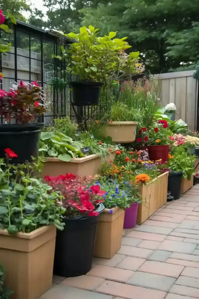 đ¸ 11 Beautiful Cut Flower Garden Ideas to Brighten Your Outdoor Space Container cut flower garden on a sunny balcony with pots of vibrant annuals and hanging baskets