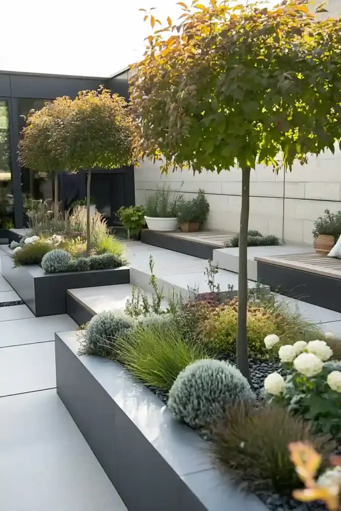 đ¸ 11 Beautiful Cut Flower Garden Ideas to Brighten Your Outdoor Space Modern minimalist cut flower garden with geometric raised beds and monochromatic blooms like white alliums