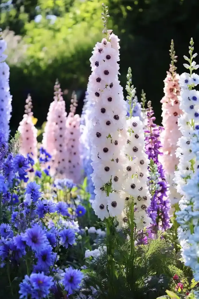 Create an English Garden with These 14 Classic Flowers 💙 4. Delphiniums – Towering Spikes of Color