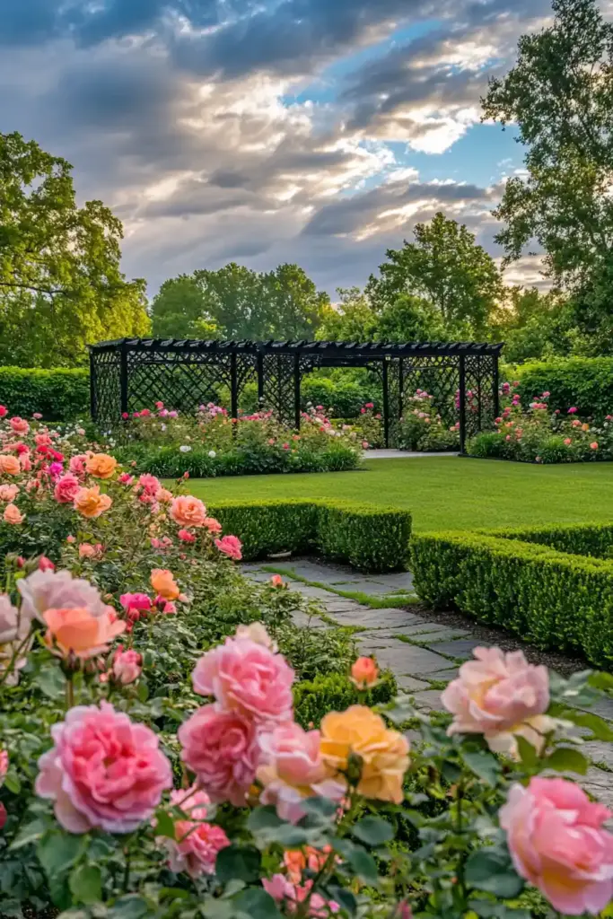 Roses Galore: 15 Rose Garden Layout Ideas That Will Transform Your Outdoor Space 🌹 14. Velvet Riot: Bold Blooms Meet Sculpted Sophistication
