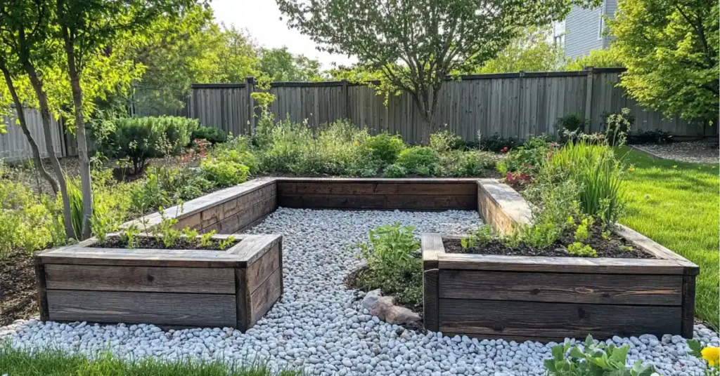 a garden with plants and rocks