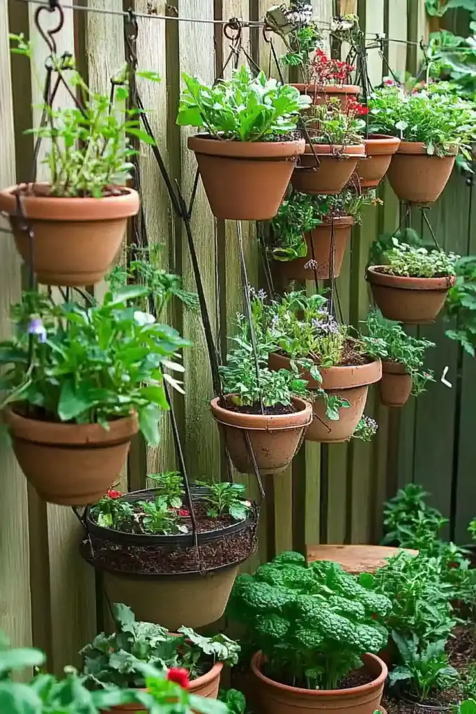 20 Best Vegetable Garden Layout Ideas to Transform Your Yard 🪴 6. Go Vertical with Hanging Pots