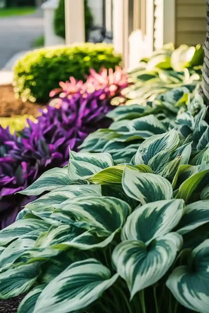 21 Beautiful Flower Beds in Front of House Ideas 1. Hostas: Lush and Low-Maintenance Elegance