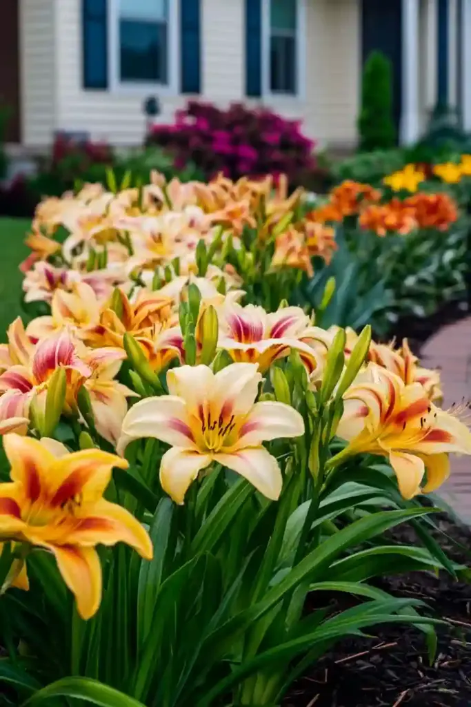 21 Beautiful Flower Beds in Front of House Ideas 2. Daylilies: The Reliable Bloomers for All Seasons