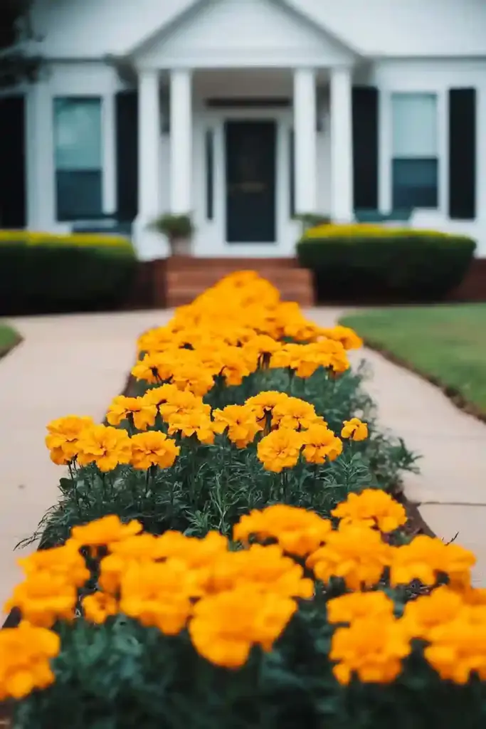 21 Beautiful Flower Beds in Front of House Ideas 10. Marigolds: Bright, Bold, and Bug-Repelling