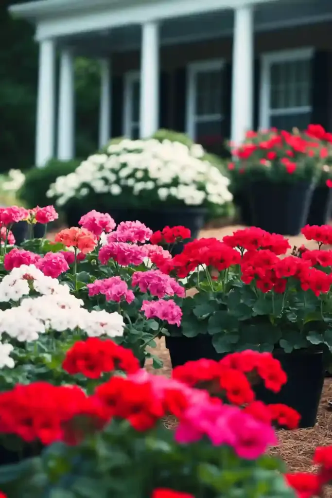 21 Beautiful Flower Beds in Front of House Ideas 14. Geraniums: Classic and Colorful Workhorses