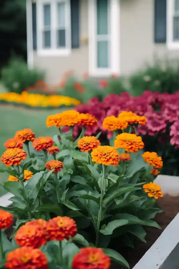 21 Beautiful Flower Beds in Front of House Ideas 13. Zinnias: Bold Blooms That Love the Sun