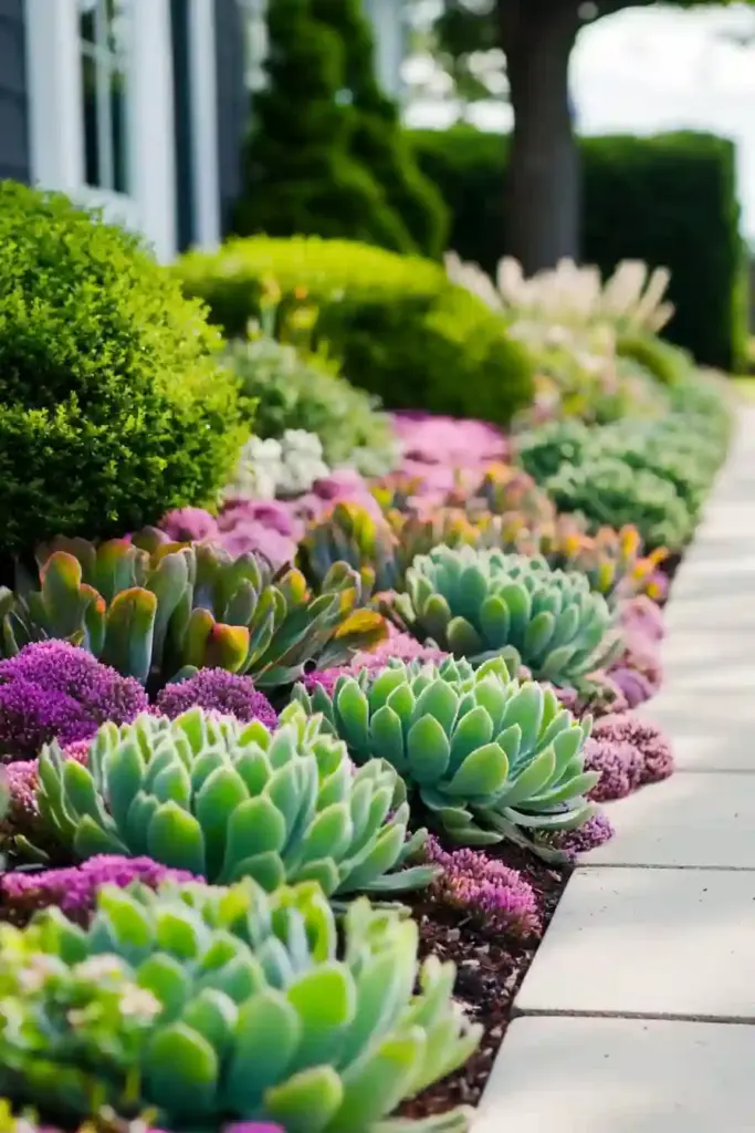 21 Beautiful Flower Beds in Front of House Ideas 17. Sedum: The Sculptural Standout