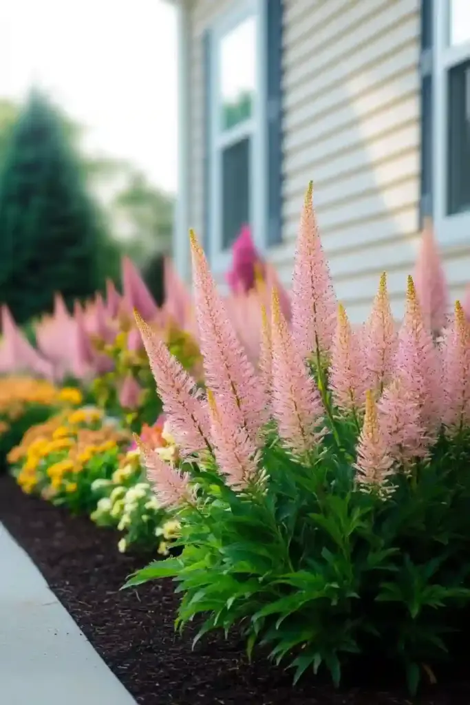 21 Beautiful Flower Beds in Front of House Ideas 18. Astilbe: Soft, Feathery Texture for Shady Beds