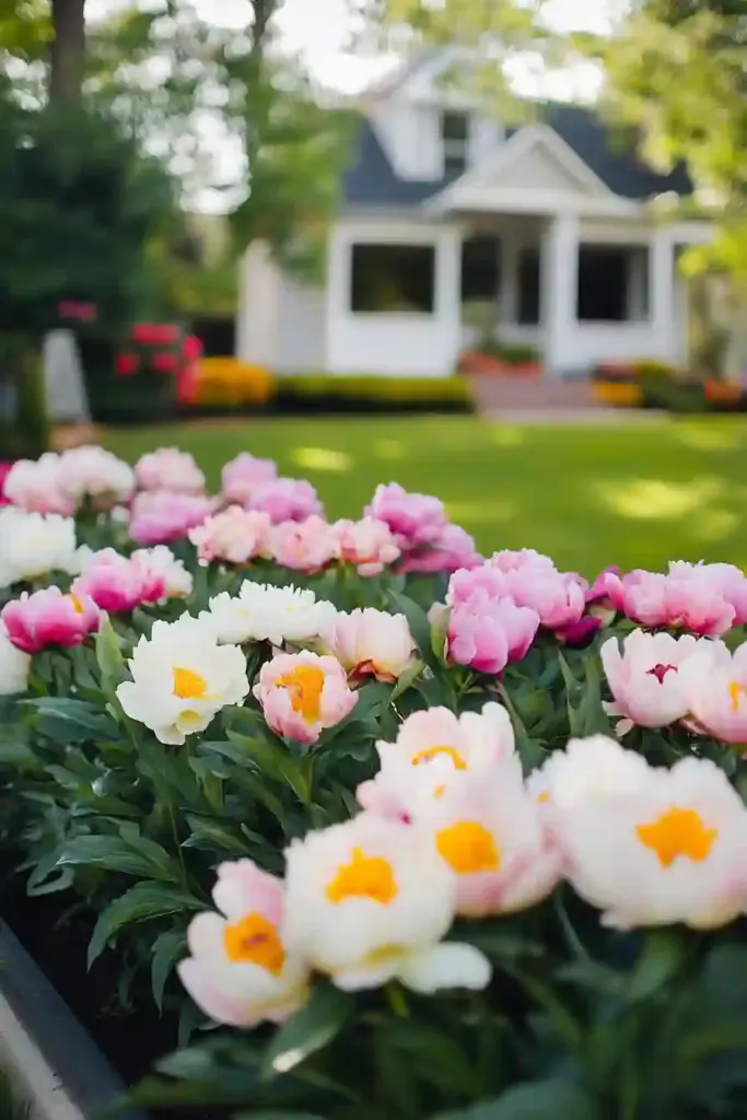 21 Beautiful Flower Beds in Front of House Ideas 3. Peonies: Timeless Blooms with Big Personality