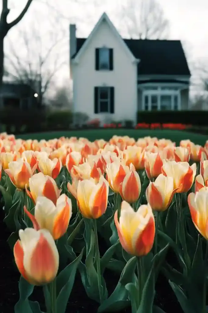 21 Beautiful Flower Beds in Front of House Ideas 7. Tulips: A Springtime Showstopper