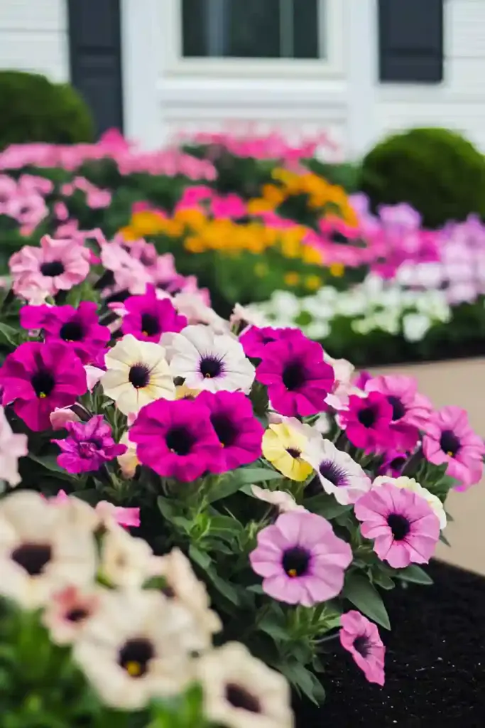 21 Beautiful Flower Beds in Front of House Ideas 12. Petunias: Color All Summer Long