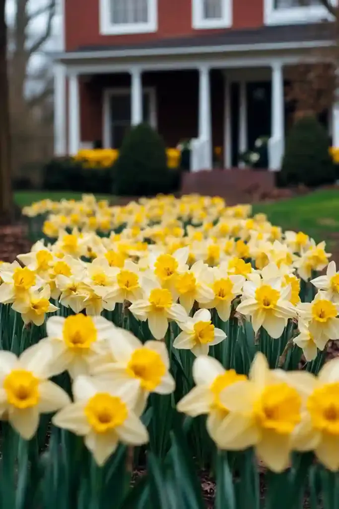 21 Beautiful Flower Beds in Front of House Ideas 8. Daffodils: Cheerful and Dependable