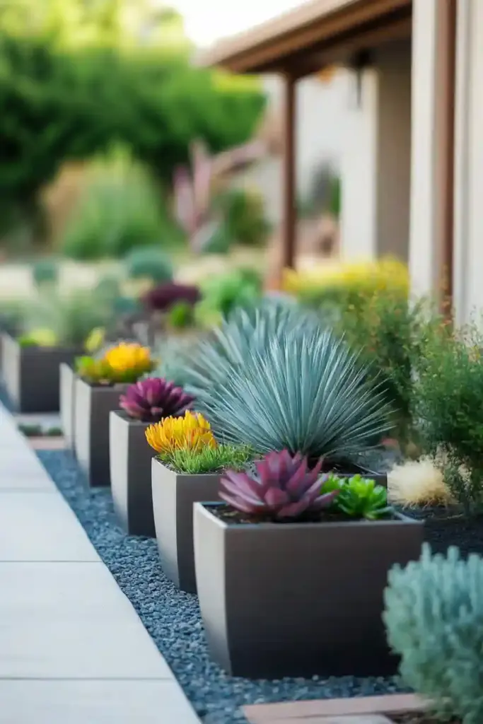 23 Inspiring Drought Tolerant Landscape Front Yard Ideas 18. Ground-Level Planters