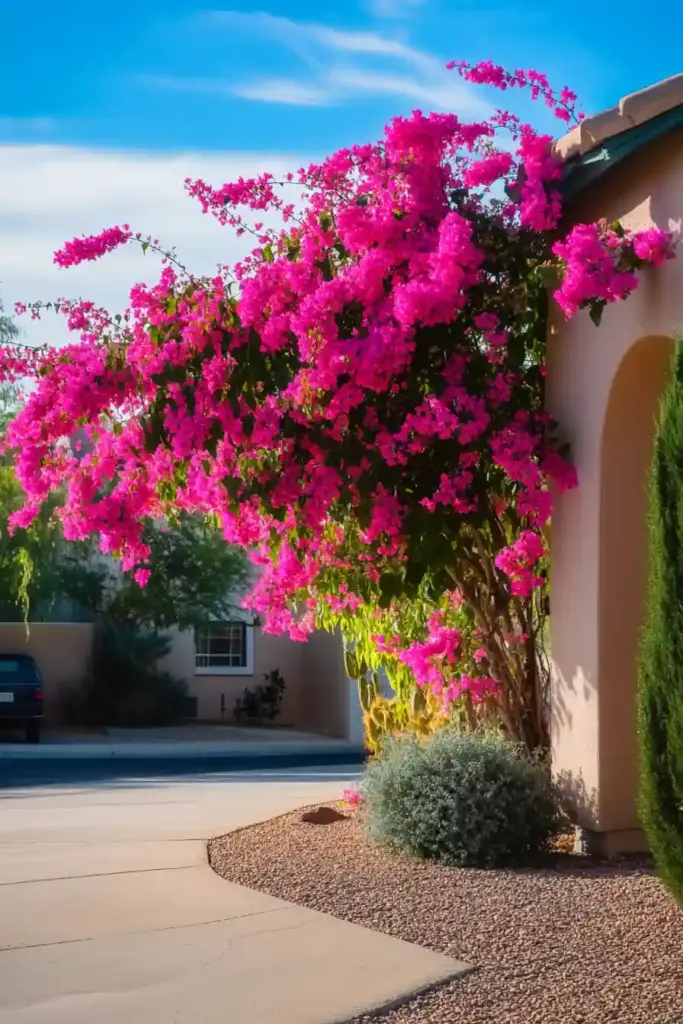 23 Inspiring Drought Tolerant Landscape Front Yard Ideas 17. Bougainvillea Vines