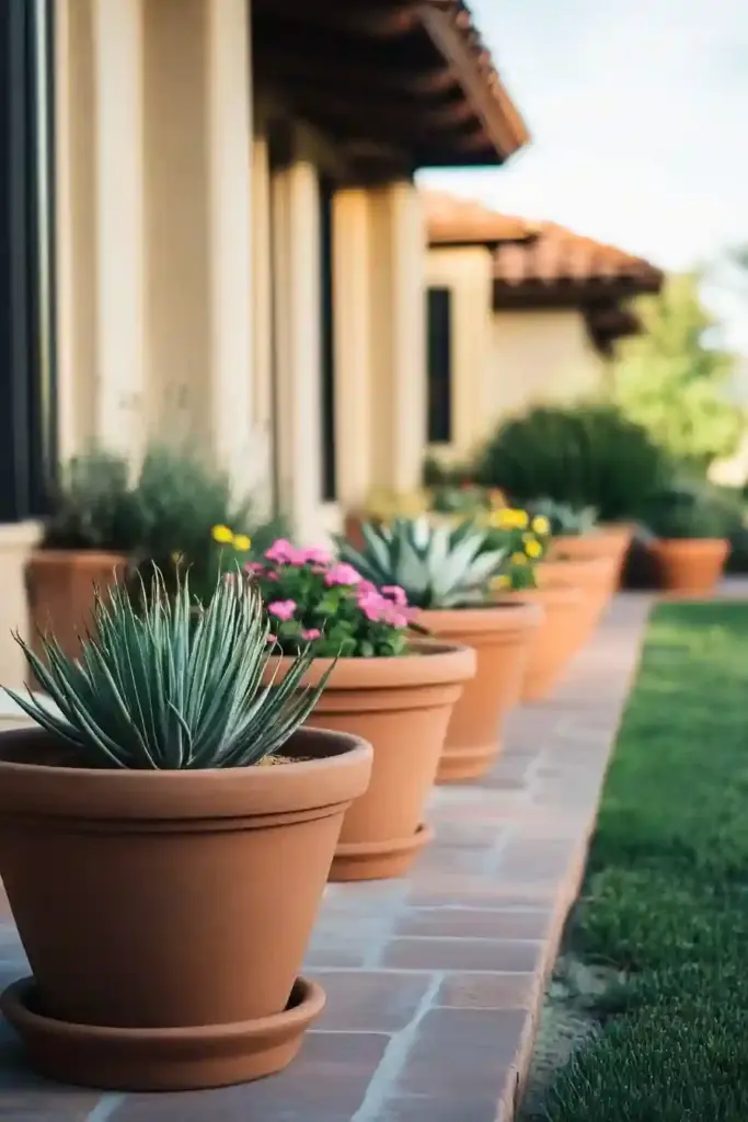 23 Inspiring Drought Tolerant Landscape Front Yard Ideas 20. Terracotta Pots