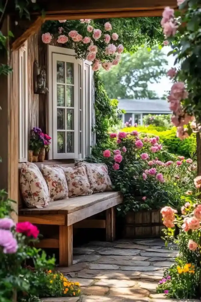 24 Ideas for An English Cottage Garden 🪑 Rustic Seating Nook
