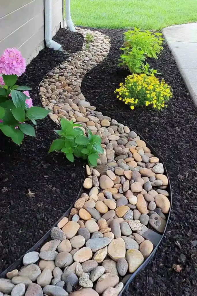 25 Cheap Landscaping Fixes That Look Expensive 23. 💧 Pebble Downspout Paths That Manage Water in Style