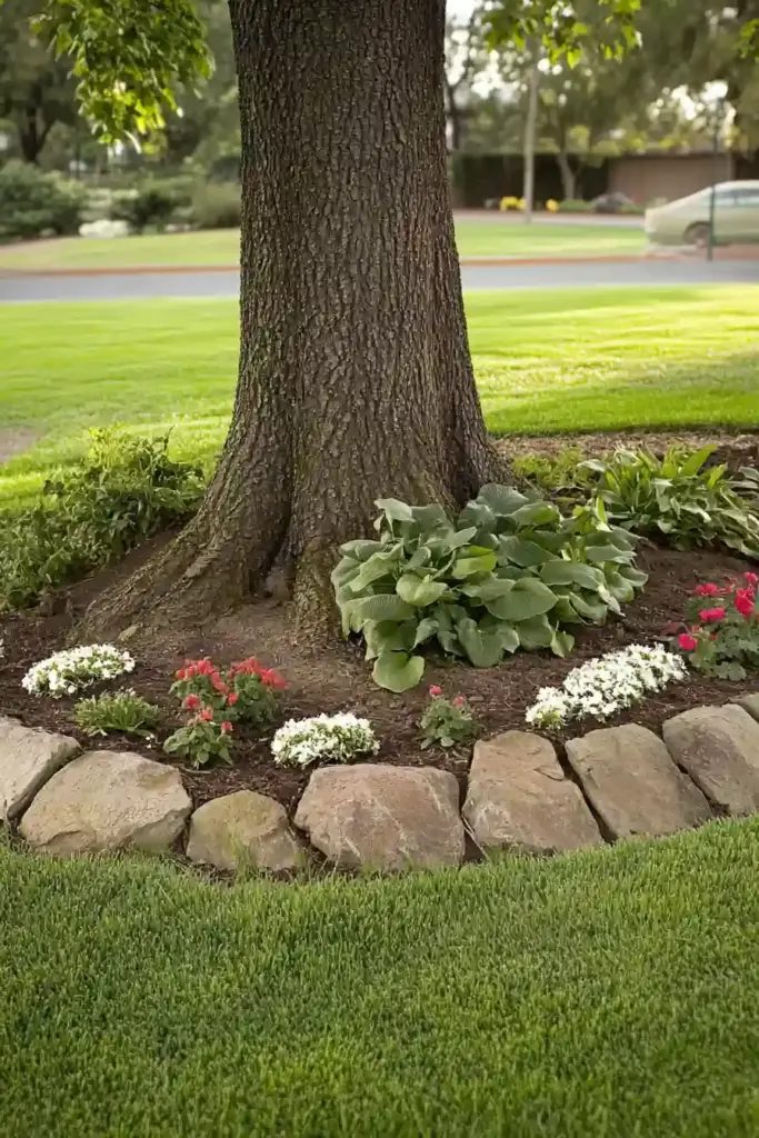 25 Cheap Landscaping Fixes That Look Expensive 21. 🌳 Tree Garden Edging That Protects Roots and Adds Style