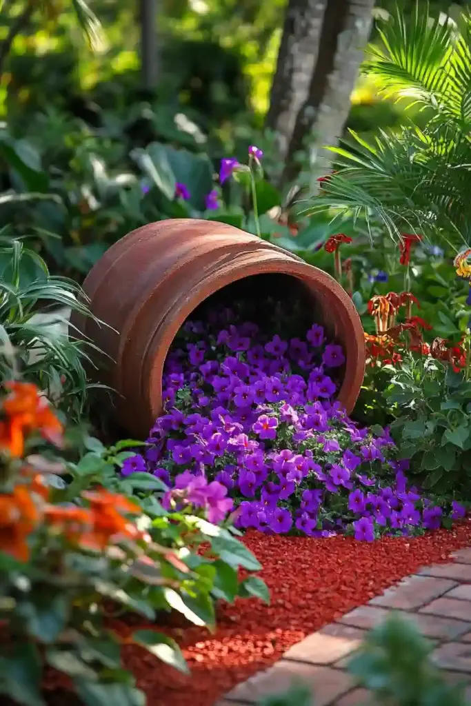 25 Cheap Landscaping Fixes That Look Expensive 25. 🌺 The Spilled Flower Pot Trick for a Playful Garden Display
