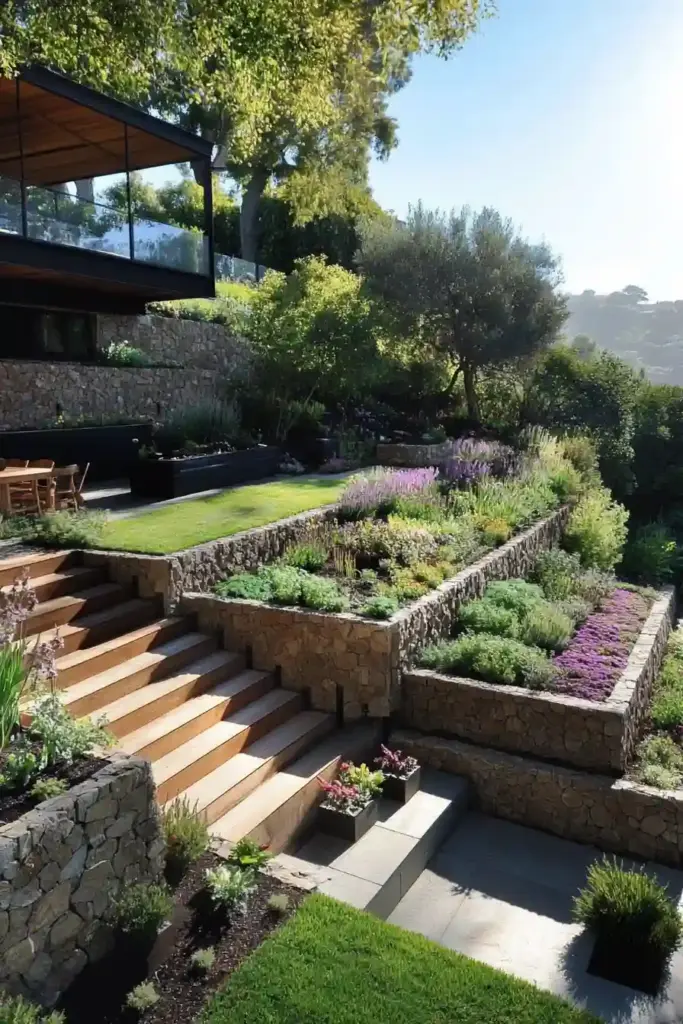 28 Best Backyard Landscaping Ideas 23. Terraced Garden Beds for Hillside Yards