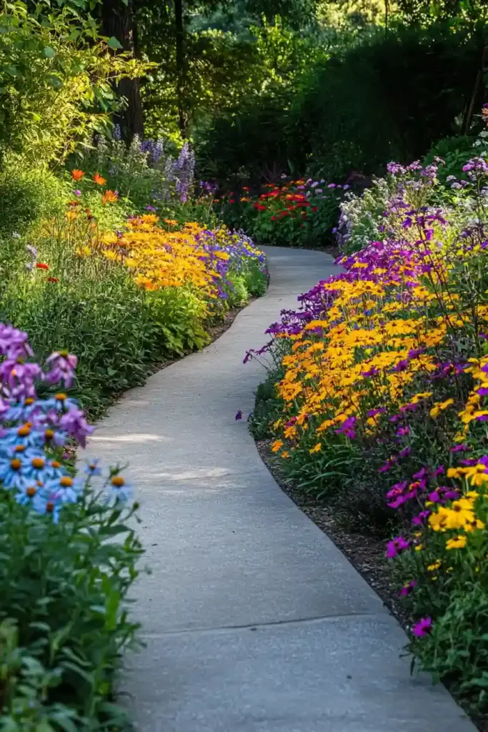 28 Best Backyard Landscaping Ideas 4. Line Walkways with Colorful Perennials