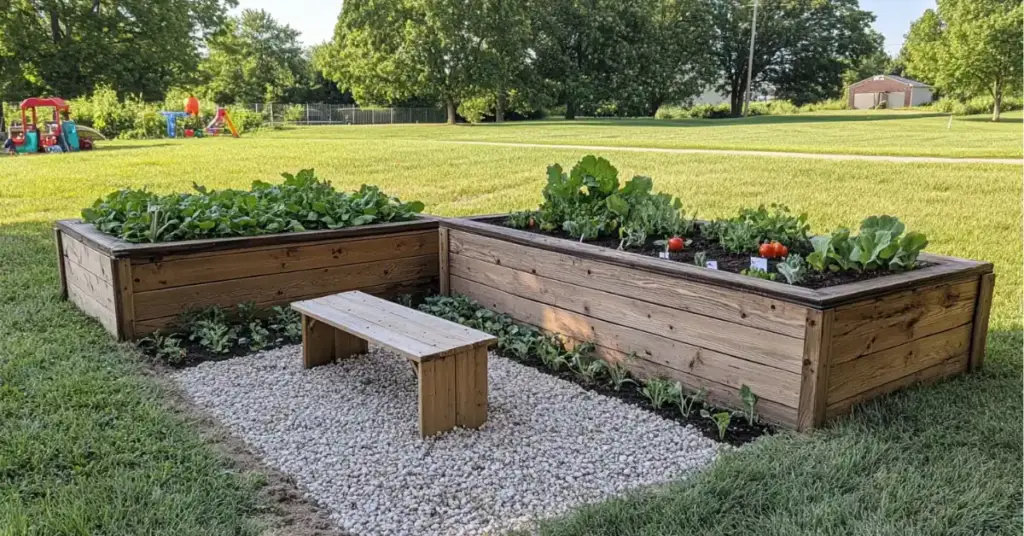 a garden with a bench and plants