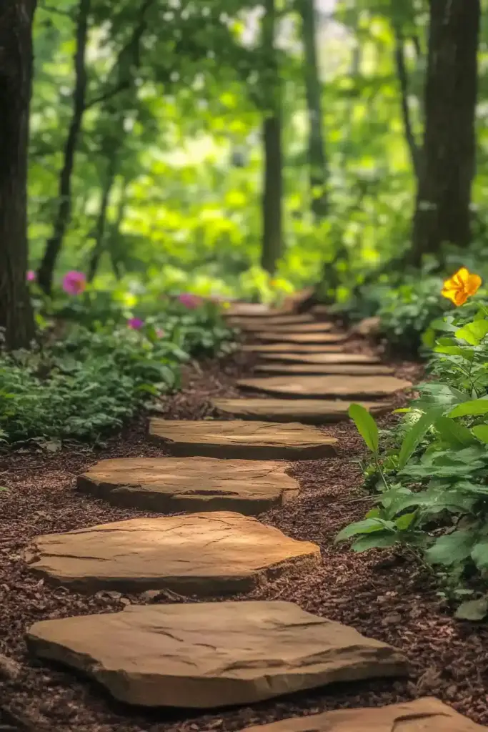 17+ Creative Cedar Mulch Landscaping Ideas 3. Create Charming Walkways with Cedar Mulch and Stepping Stones
