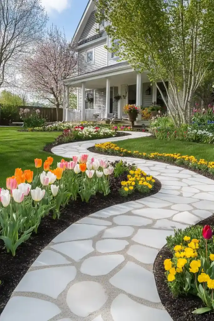 33 Stunning White Stone Landscaping Ideas Grid-Style Stone Walks