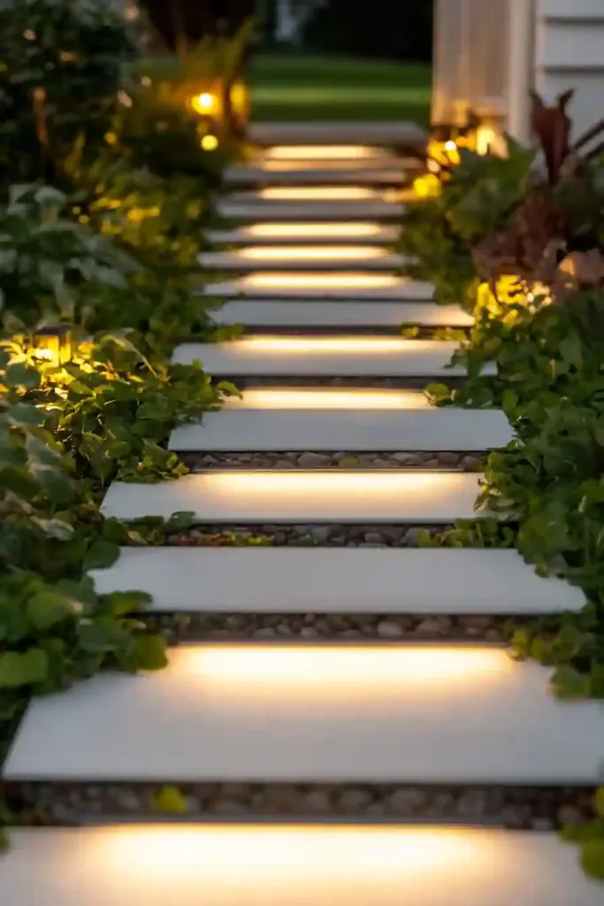 33 Stunning White Stone Landscaping Ideas Lit Pathways with White Gravel
