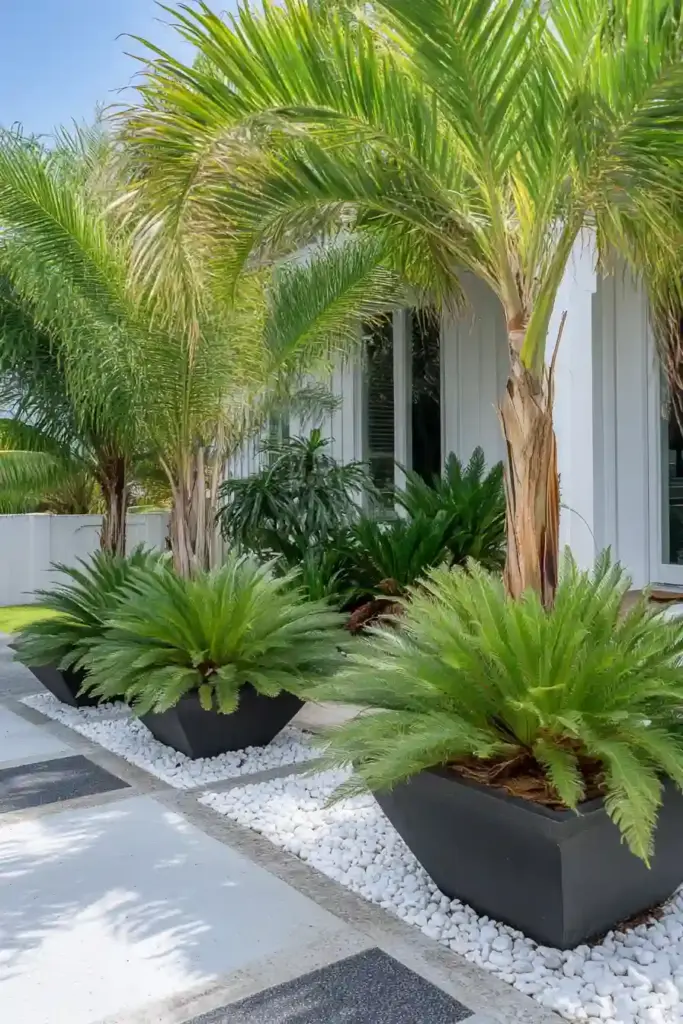 33 Stunning White Stone Landscaping Ideas Tropical Planters with a Clean Finish