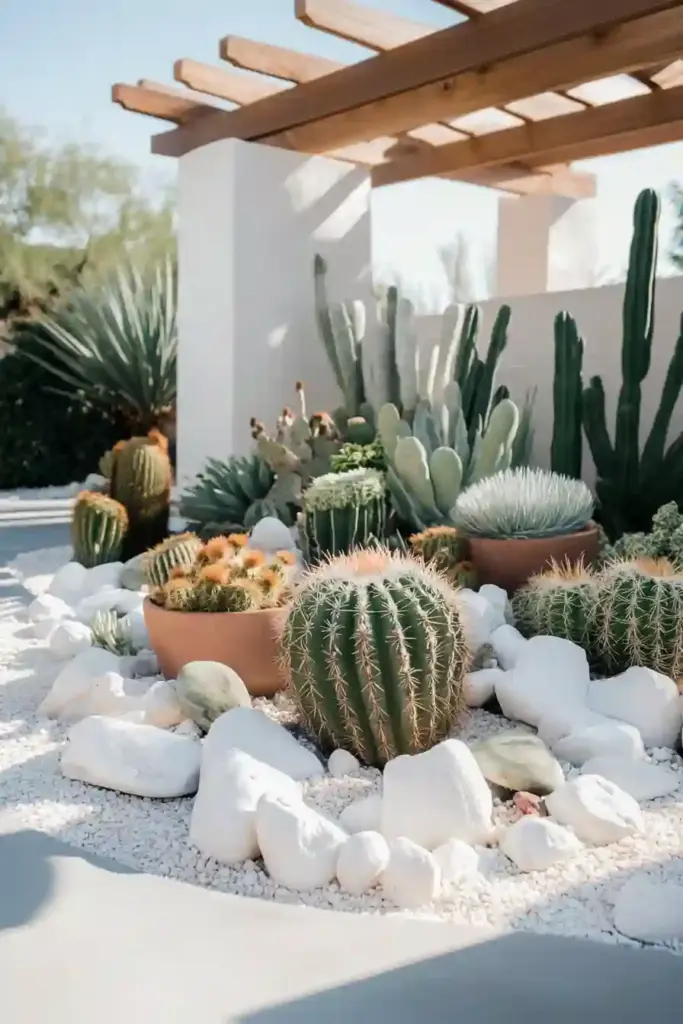 33 Stunning White Stone Landscaping Ideas Desert-Inspired Cactus and Succulent Displays