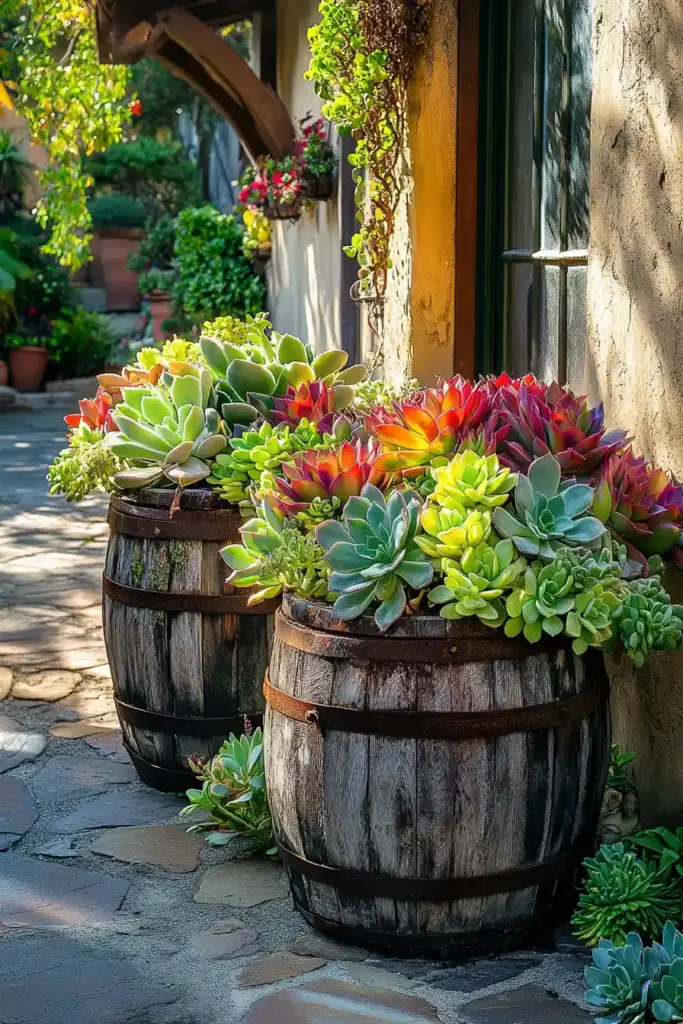 20+ Succulent Landscape Design Ideas For Your Yard Rustic Barrel Planters