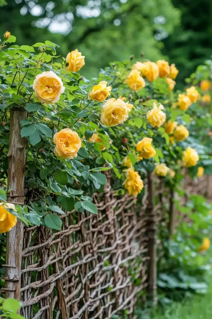 7 Gorgeous Ways to Display Climbing Rose Flowers on Trellis 5. Blend Privacy and Beauty with Woven Trellis Fences