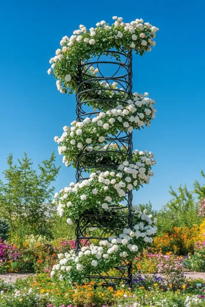 7 Gorgeous Ways to Display Climbing Rose Flowers on Trellis 6. Make a Statement with Spiral Trellis Towers