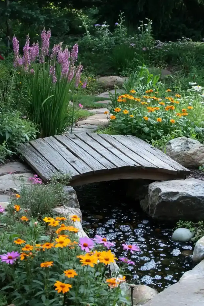 9 Creative Front Yard Pond Ideas to Elevate Curb Appeal Naturally 7. Bridge Over Pond Feature