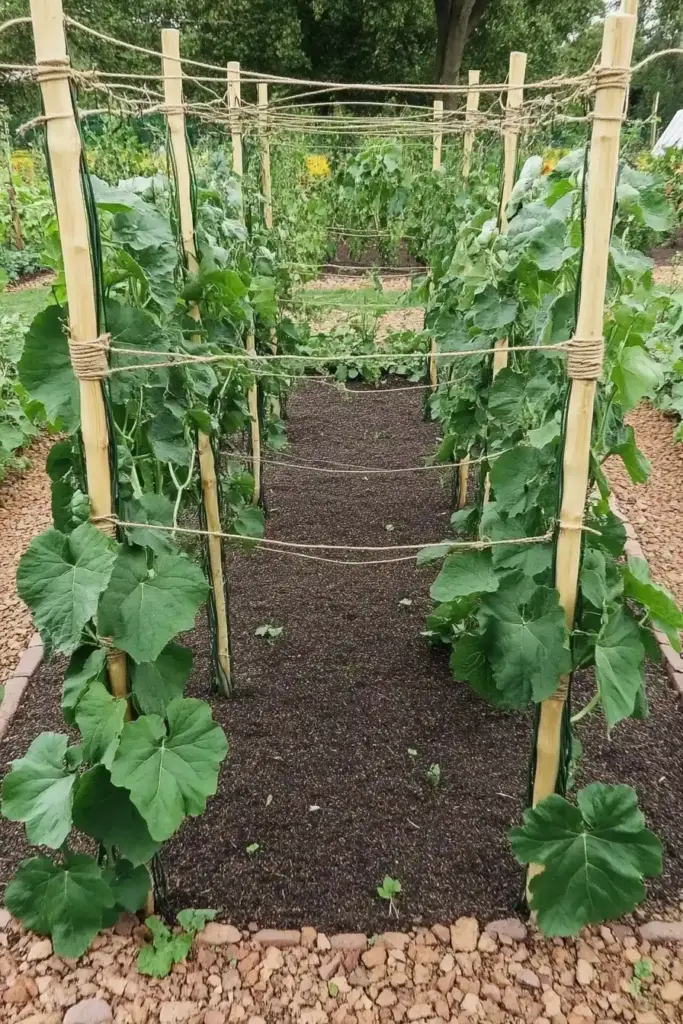 15 Easy DIY Cucumber Trellis Ideas to Maximize Your Garden Space 7. V-Shaped Post and Twine Garden Trellis