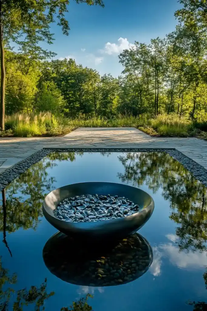 9 Creative Front Yard Pond Ideas to Elevate Curb Appeal Naturally 4. Reflecting Pond with a Centerpiece