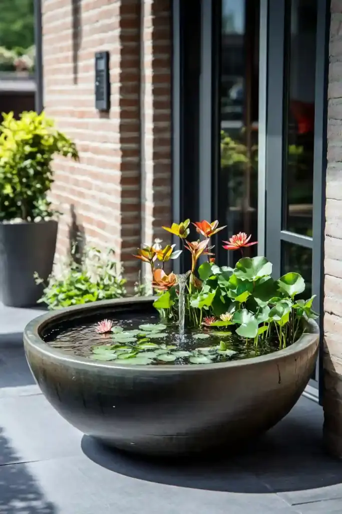 9 Creative Front Yard Pond Ideas to Elevate Curb Appeal Naturally 5. Container Pond for Small Yards