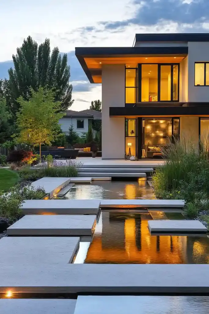 9 Creative Front Yard Pond Ideas to Elevate Curb Appeal Naturally 2. Modern Geometric Pond