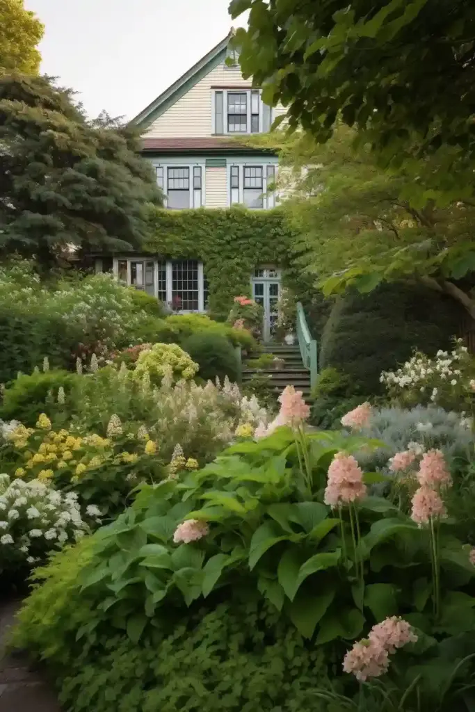 Country Garden Inspiration: 12 Dreamy Outdoor Escapes That Will Spark Your Next Garden Makeover An English-style garden with stepped green plantings, tiger lilies, hydrangeas, mature trees, and a classic clapboard house in the background, soft color palette, structured yet romantic