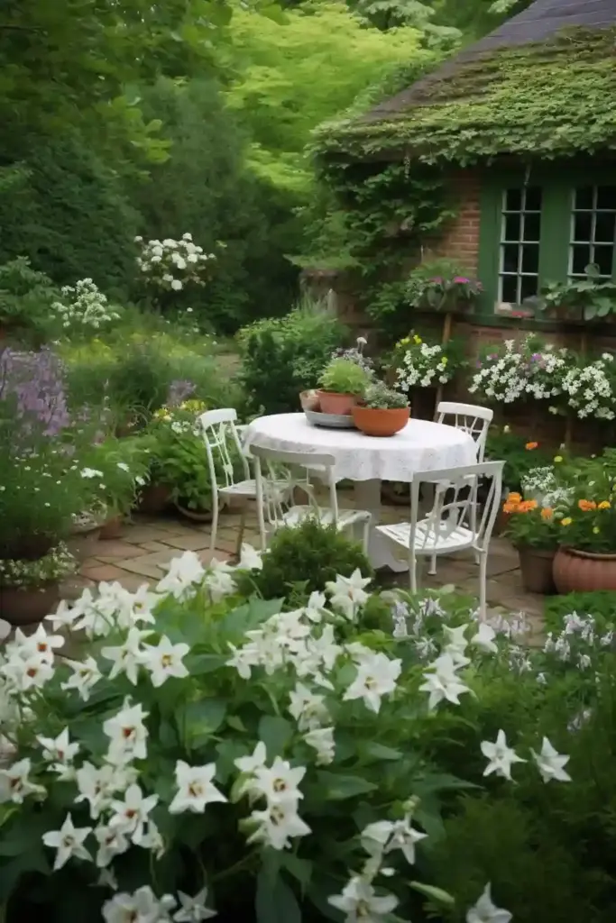 Country Garden Inspiration: 12 Dreamy Outdoor Escapes That Will Spark Your Next Garden Makeover A cottage garden with textured clay pots of colorful annuals, clipped boxwood and white lilies, a massive white pine shading an outdoor breakfast table, tranquil country scene